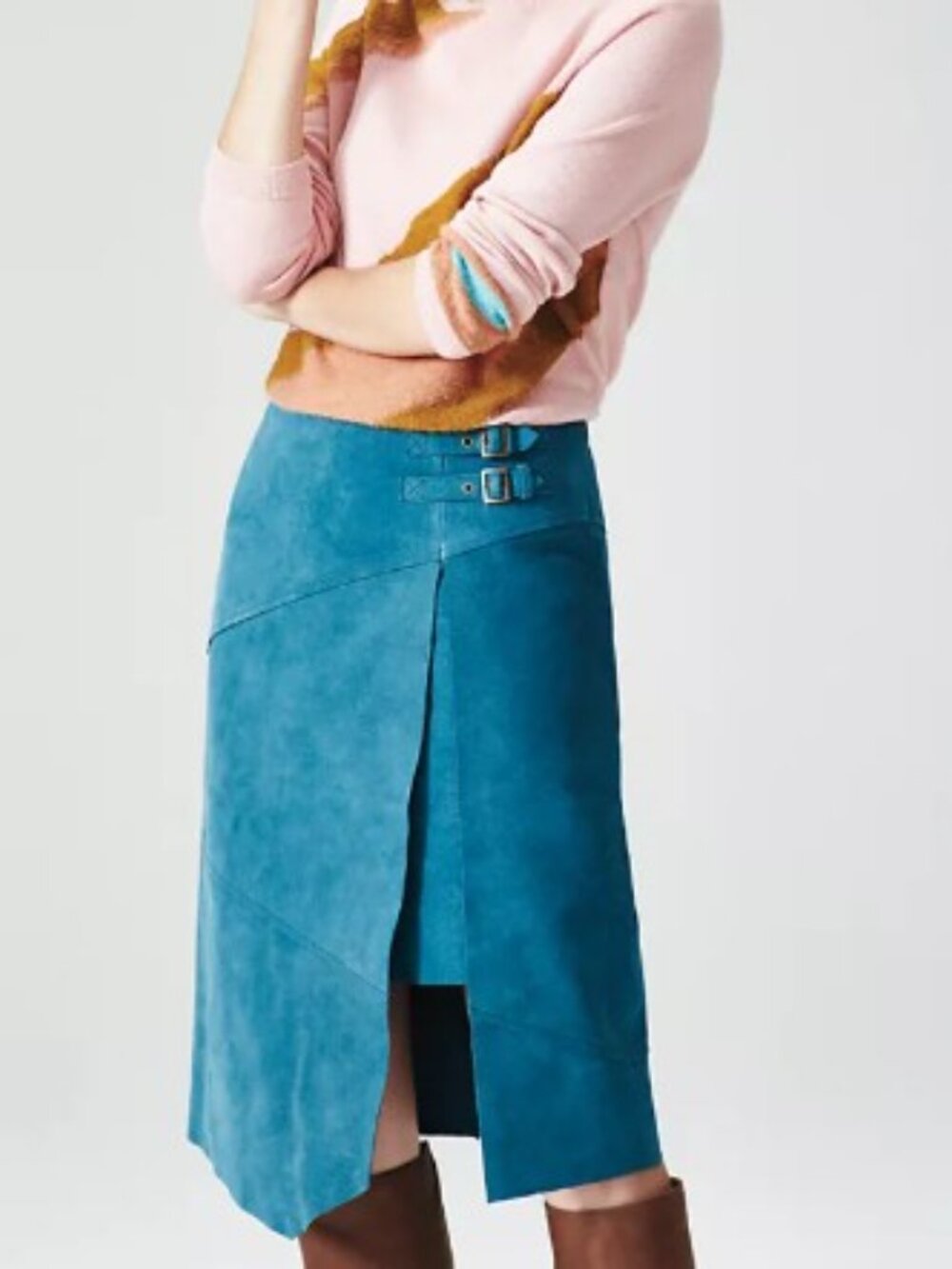 Leifsdottir Teal Pieced Suede Asymmetrical Skirt with Buckle Detail